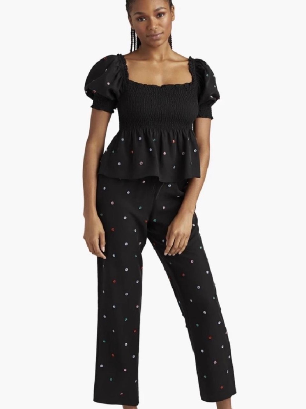 Hill House Black Smocked Puff-Sleeve Top with Multicolor Dot Print
